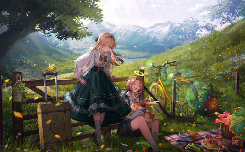 2girls :d animal bicycle bird black_bow black_footwear black_shorts blonde_hair blush bow cake closed_eyes commentary copyright_request day fence food full_body grass green_skirt ground_vehicle hairband halo head_wreath high-waist_skirt highres holding holding_animal holding_bunny lentain long_hair long_skirt long_sleeves looking_at_viewer luggage mountain multiple_girls open_mouth outdoors petals picnic picnic_basket plate puffy_long_sleeves puffy_sleeves rabbit redhead shirt shoes shorts sitting skirt smile socks standing suspender_shorts suspenders symbol_commentary tree white_legwear white_shirt wooden_fence