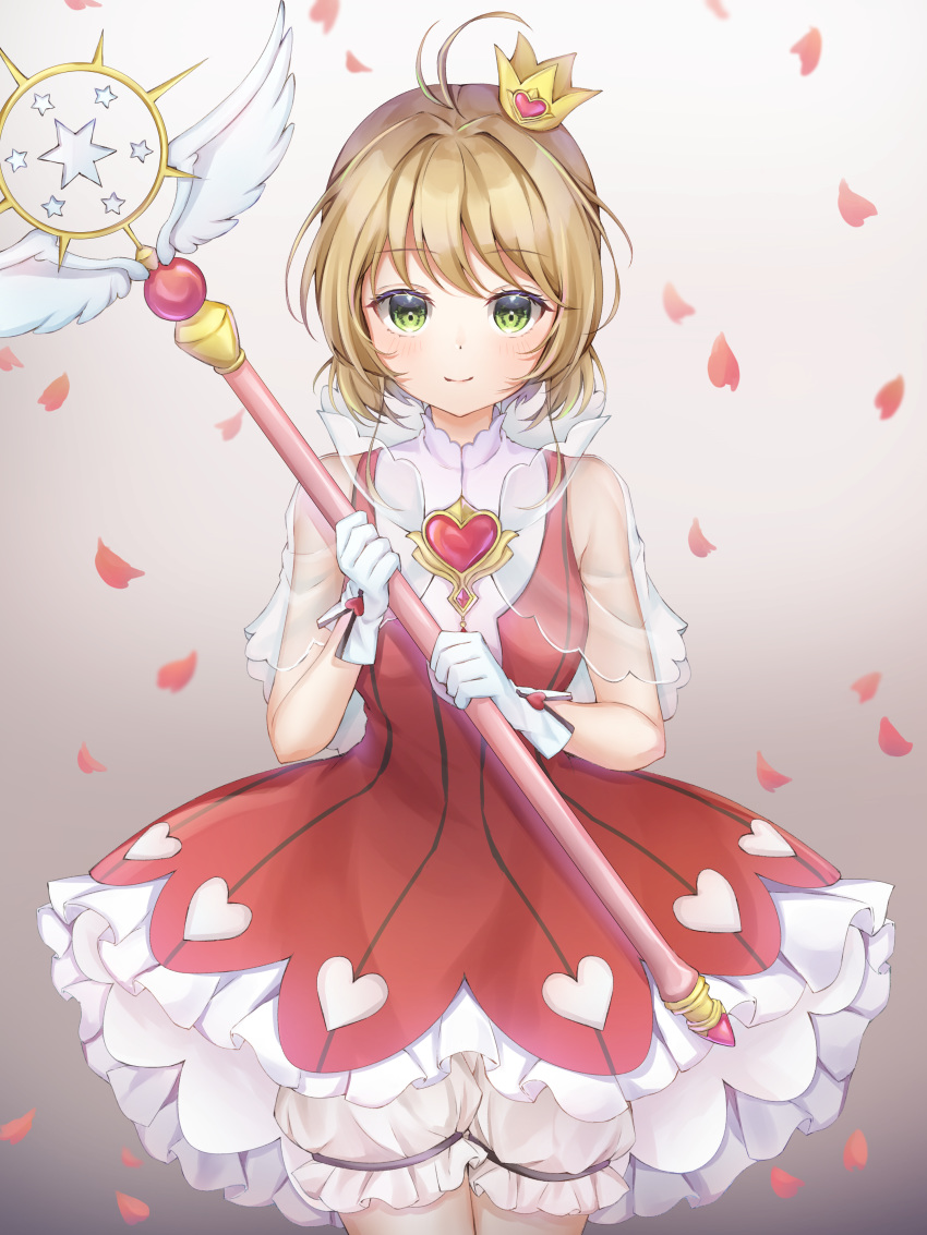 1girl absurdres antenna_hair bangs blonde_hair cardcaptor_sakura closed_mouth cowboy_shot crown dress eyebrows_visible_through_hair green_eyes hair_intakes highres holding holding_staff kinomoto_sakura layered_dress mini_crown petals poe_(528yuzunon) red_dress see-through short_dress short_hair shorts shorts_under_dress sleeveless sleeveless_dress smile solo staff standing white_shorts