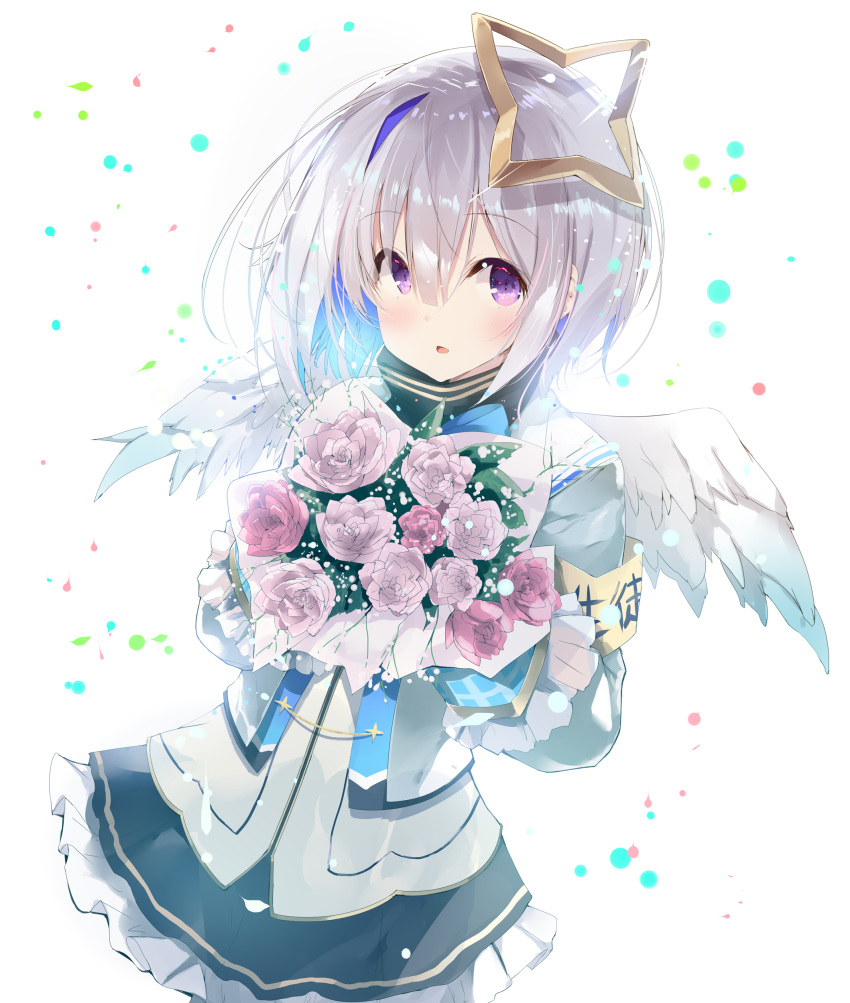 1girl absurdres amane_kanata armband bangs black_shirt black_skirt blue_hair blush bouquet commentary_request eyebrows_visible_through_hair feathered_wings flower frilled_skirt frills grey_jacket hair_between_eyes high_collar highres holding holding_bouquet hololive jacket multicolored_hair noto_kurumi parted_lips pink_flower pink_rose rose shirt silver_hair skirt solo two-tone_hair violet_eyes virtual_youtuber white_background white_wings wings