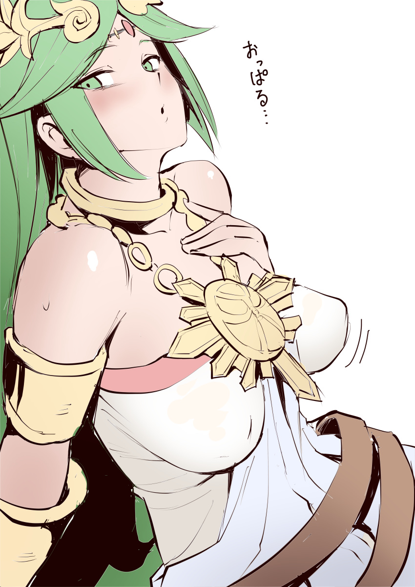 1girl absurdres armlet bare_shoulders blush breasts circlet covered_nipples green_eyes greyscale highres jewelry kid_icarus long_hair looking_at_viewer manno_(kanpi2100) monochrome necklace palutena simple_background solo white_background
