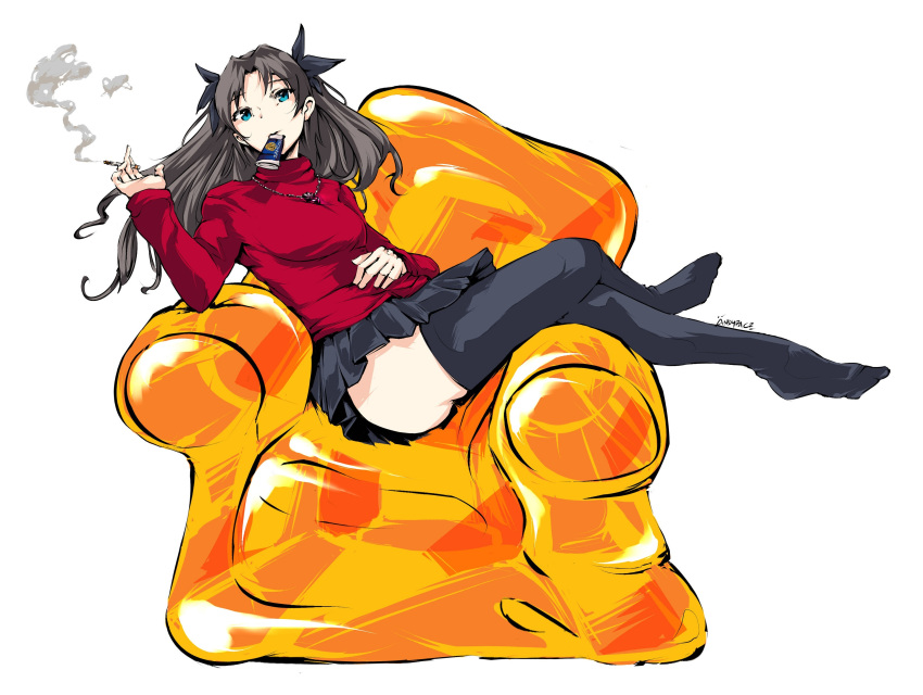 1girl absurdres andyface armchair black_legwear black_ribbon black_skirt breasts brown_hair chair cigarette commission crossed_legs fate/stay_night fate_(series) full_body green_eyes hair_ribbon highres inflatable_chair jewelry long_hair looking_at_viewer medium_breasts miniskirt mouth_hold necklace no_shoes pleated_skirt red_sweater ribbon skirt smoke smoking solo sweater thigh-highs thighs tobacco toosaka_rin turtleneck turtleneck_sweater two_side_up white_background