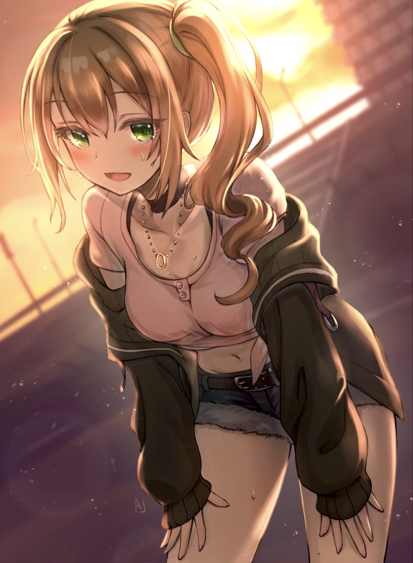 1girl black_choker black_jacket blue_shorts blush breasts brown_hair chloe_(princess_connect) choker collarbone denim denim_shorts eyebrows_visible_through_hair green_eyes hands_on_own_knees highres jacket jewelry long_hair long_sleeves looking_at_viewer medium_breasts midriff navel necklace open_mouth outdoors princess_connect! princess_connect!_re:dive shorts side_ponytail smile solo sunset sweat sylvaniaf thighs
