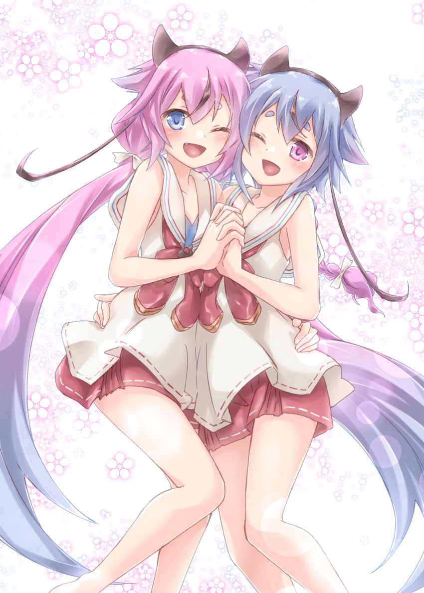 2others absurdres blue_eyes blue_hair braid cheek-to-cheek collared_shirt commentary ekaki-ya_okamoto fang feet_out_of_frame floral_background flower gradient_hair gynoid_talk hairband hakama_skirt hand_on_another's_hip highres holding_hands horns japanese_clothes long_hair looking_at_viewer meika_hime meika_mikoto miniskirt multicolored_hair multiple_others neckerchief one_eye_closed open_mouth pink_eyes pink_hair plum_blossoms red_neckwear red_skirt sailor_collar shirt short_shorts shorts skirt sleeveless sleeveless_shirt smile twintails very_long_hair vocaloid white_background white_shirt