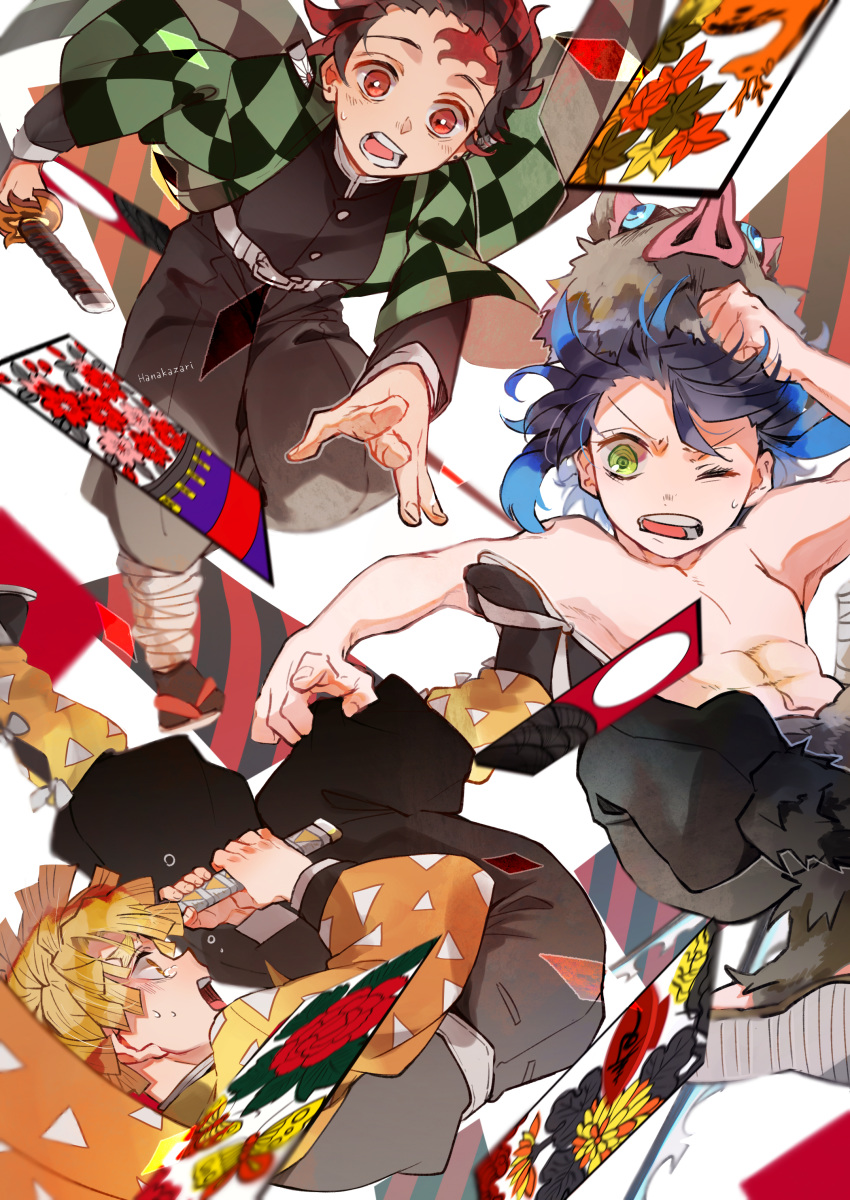 3boys absurdres agatsuma_zenitsu belt belt_buckle black_legwear black_pants black_shirt blonde_hair blue_hair boar_mask buckle buttons card checkered earrings falling forehead_scar green_eyes hair_slicked_back hakama_pants hana_(h6n6_matsu) hanafuda haori hashibira_inosuke highres holding holding_sword holding_weapon japanese_clothes jewelry kamado_tanjirou katana kimetsu_no_yaiba male_focus mask mask_removed multiple_boys one_eye_closed pants redhead sandals sheath sheathed shirt shirtless socks sweat sword weapon white_belt yellow_eyes