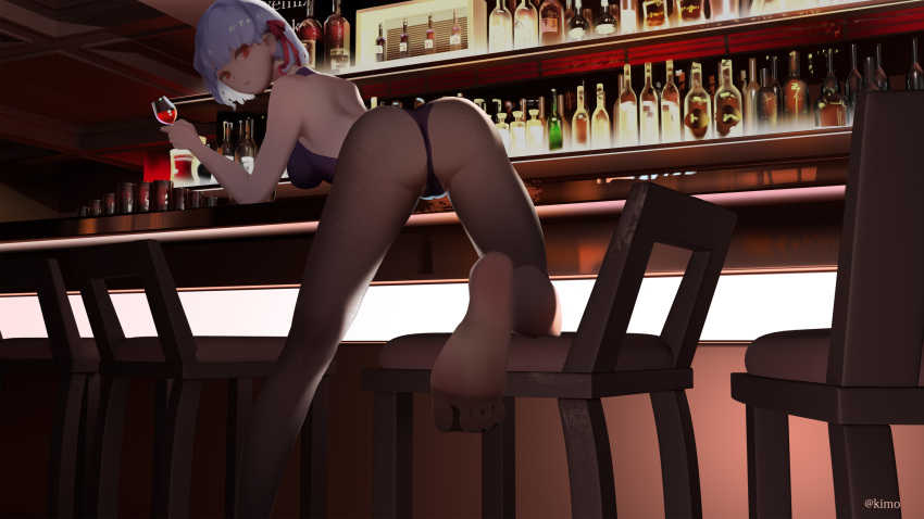 1girl alcohol ass back backless_leotard bangs bar bare_shoulders bent_over bottle breasts brown_legwear chair cup drinking_glass fate/grand_order fate_(series) feet hair_ribbon highleg highleg_leotard highres kama_(fate/grand_order) kimo_(sia-11) legs leotard looking_at_viewer looking_back medium_breasts open_mouth pantyhose pink_ribbon purple_leotard red_eyes ribbon short_hair silver_hair soles solo thighs wine wine_bottle