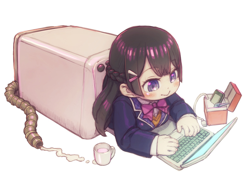 1girl :&gt; black_hair blush bow bowtie braid cellphone chibi collared_shirt computer eyebrows_visible_through_hair feral_lemma fingernails french_braid from_side holding jacket laptop long_hair long_sleeves nijisanji phone pink_neckwear purple_jacket shirt simple_background smartphone smile solo tsukino_mito vest violet_eyes virtual_youtuber washing_machine white_background white_shirt wing_collar