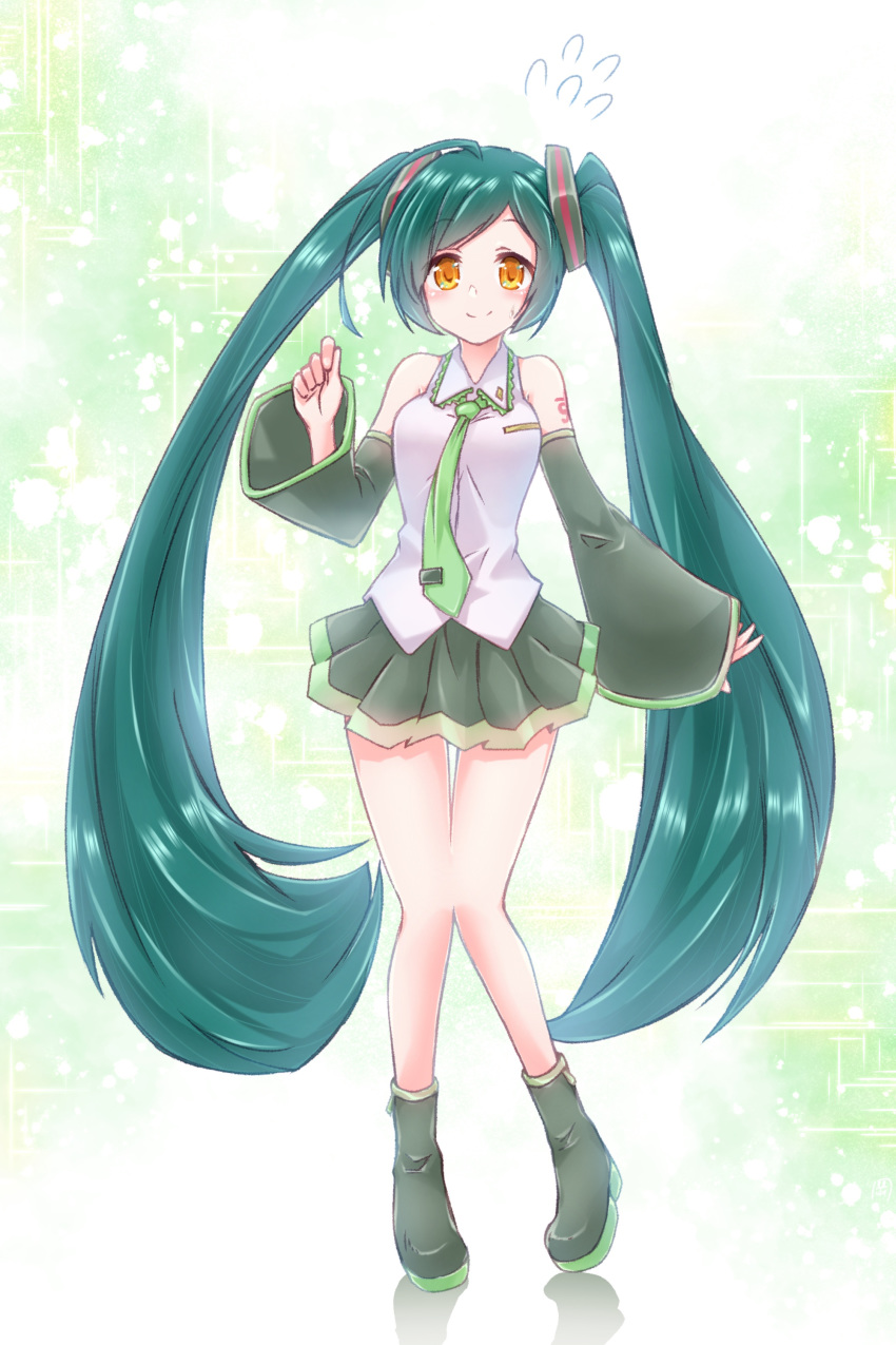 1girl absurdres bare_shoulders blue_hair commentary cosplay detached_sleeves ekaki-ya_okamoto green_footwear green_neckwear green_skirt green_sleeves hair_ornament hand_up hatsune_miku hatsune_miku_(cosplay) highres light_blush long_hair looking_at_viewer miniskirt necktie pleated_skirt shirt shoulder_tattoo skirt sleeveless sleeveless_shirt smile solo sweat tattoo tie_clip touhoku_zunko twintails very_long_hair vocaloid voiceroid white_shirt yellow_eyes