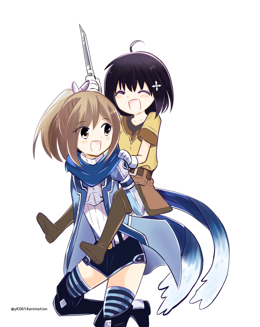 2girls :d absurdres ahoge armor artist_name bangs black_footwear black_hair blue_jacket blue_neckwear blush bob_cut boots brown_eyes brown_footwear brown_hair brown_skirt carrying closed_eyes commentary gloves hair_ornament highres holding holding_sword holding_weapon itai_no_wa_iya_nano_de_bougyoryoku_ni_kyokufuri_shitai_to_omoimasu jacket knee_boots long_hair looking_at_another looking_back maple_(bofuri) multiple_girls open_mouth parted_bangs piggyback ponytail ribbed_shirt sally_(bofuri) scarf shirt short_hair shorts simple_background skirt smile striped striped_legwear suspenders sword thigh-highs turtleneck twitter_username weapon white_background white_gloves white_shirt yellow_shirt yk0614animation zettai_ryouiki