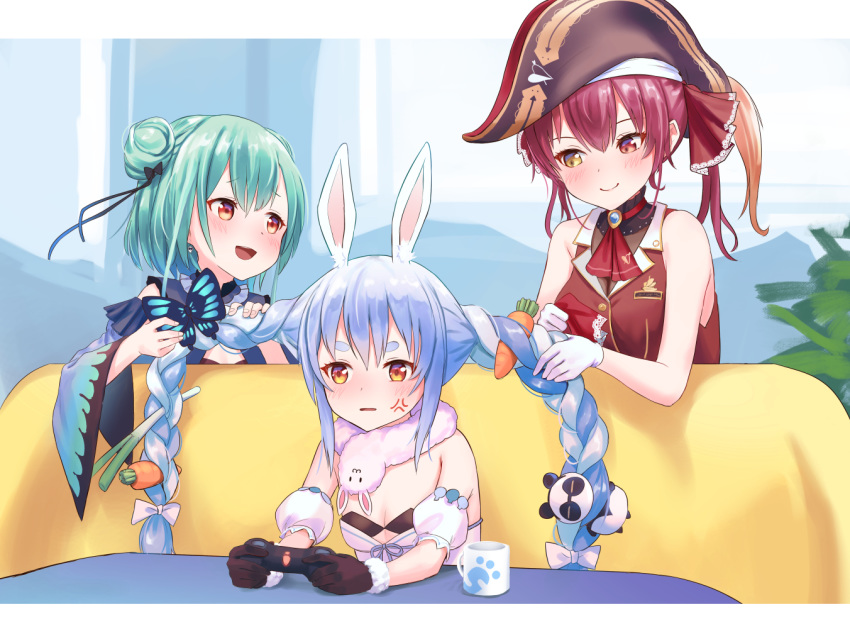 3girls :d anger_vein animal_ears bare_arms bare_shoulders black_gloves black_headwear blue_hair braid bunny_girl butterfly_hair_ornament carrot_hair_ornament coat controller cup detached_sleeves double_bun food_themed_hair_ornament fur_collar game_controller gloves gold_trim green_hair hair_ornament hat heterochromia holding holding_another's_hair hololive houshou_marine long_hair looking_at_another mug multiple_girls open_mouth orange_eyes pirate_hat playing_games playing_with_another's_hair playstation_controller rabbit_ears red_eyes red_shirt redhead roke_(taikodon) shirt short_hair sleeveless sleeveless_shirt smile spring_onion strapless stuffed_animal stuffed_panda stuffed_toy twin_braids twintails uruha_rushia usada_pekora very_long_hair white_coat white_gloves wing_collar yellow_eyes