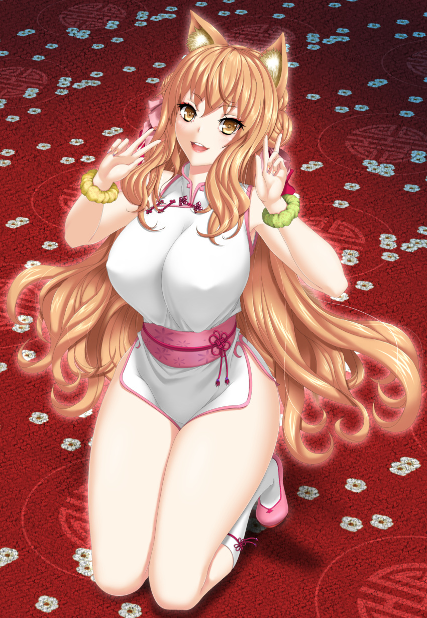 1girl animal_ear_fluff animal_ears bangs bare_shoulders blush breasts china_dress chinese_clothes double_w dress fate/extra fate/extra_ccc fate/extra_ccc_fox_tail fate_(series) fox_ears fox_girl giruba hair_between_eyes hair_ribbon highres kneehighs kneeling large_breasts light_brown_hair long_hair looking_at_viewer obi open_mouth pink_footwear ribbon sash scrunchie short_dress side_slit smile solo suzuka_gozen_(fate) thighs w white_dress white_legwear wrist_scrunchie yellow_eyes