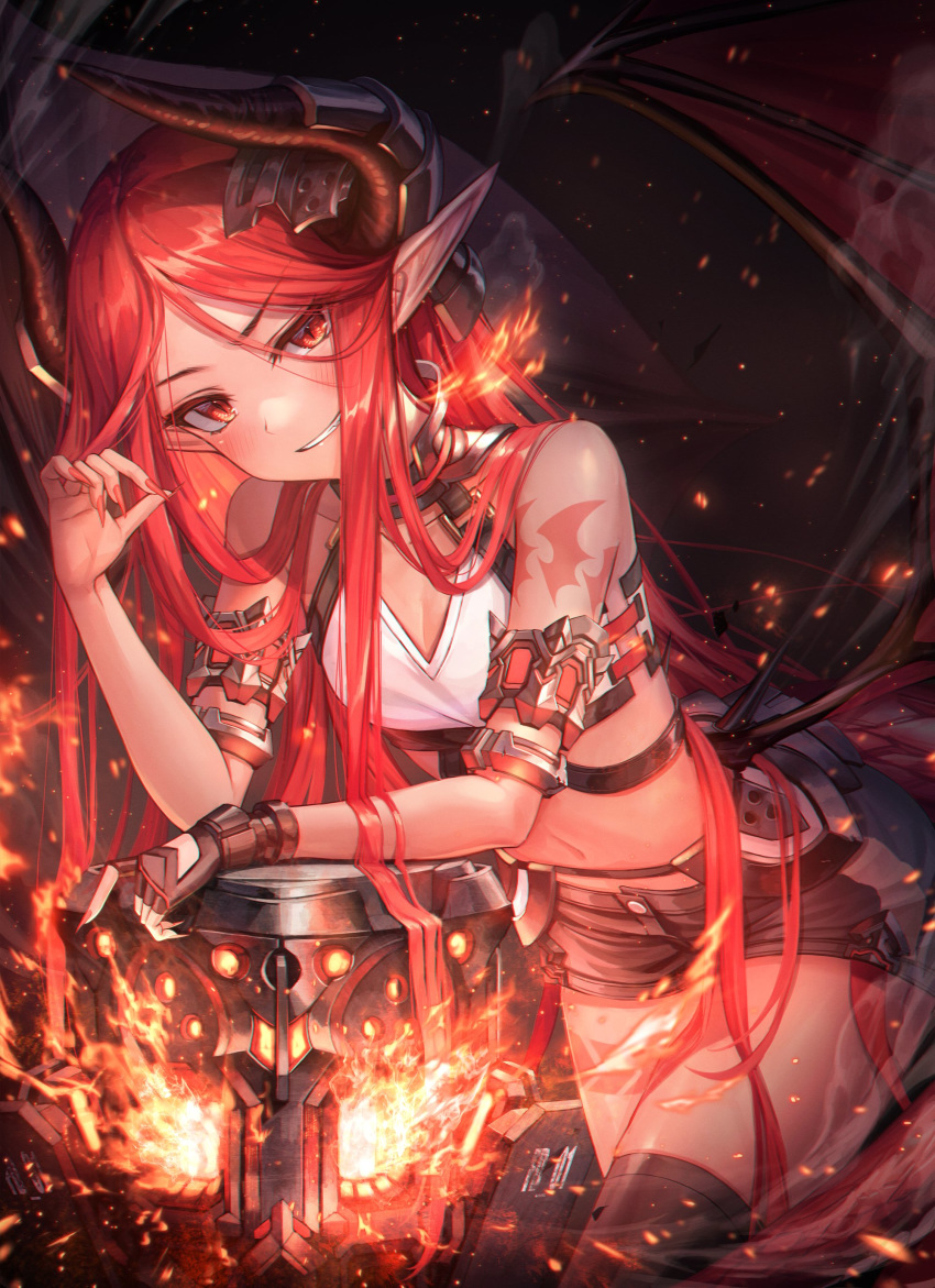 1girl absurdres bare_shoulders black_legwear black_shorts chyopeuteu crop_top dragon_horns dragon_wings fire flat_chest grin hand_up head_tilt highres horns long_hair looking_at_viewer midriff nail_polish navel original pointy_ears red_eyes red_nails redhead shirt short_shorts shorts sidelocks sleeveless sleeveless_shirt smile solo stomach strap thigh-highs thighs very_long_hair white_shirt wings