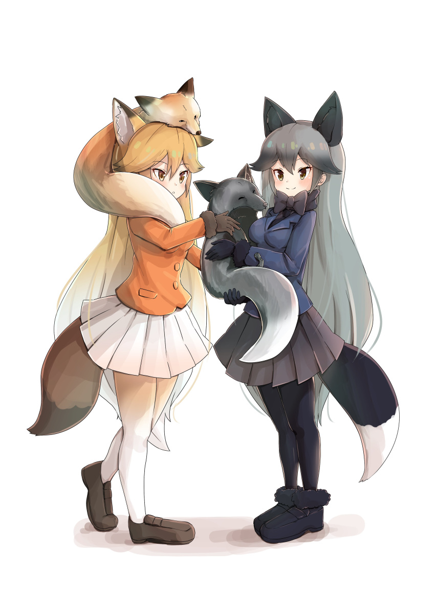 2girls absurdres blonde_hair blush bow bowtie commentary_request dragon_star2 eyebrows_visible_through_hair ezo_red_fox_(kemono_friends) fox grey_hair highres kemono_friends long_hair mary_janes multicolored_hair multiple_girls pleated_skirt shoes silver_fox_(kemono_friends) skirt smile tail thigh-highs tsurime two-tone_hair white_background yellow_eyes