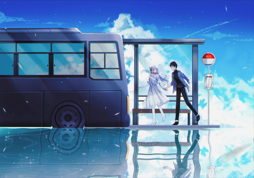 1boy 1girl absurdres black_footwear black_hair black_pants black_shirt blue_jacket blue_sky bus bus_stop butterfly_hair_ornament clouds cloudy_sky commentary_request day dress ground_vehicle hair_ornament high_heels highres huge_filesize jacket long_hair miyo_(user_zdsp7735) motor_vehicle open_clothes open_jacket original outdoors pants reflection shirt shoes short_sleeves silver_hair sky socks standing standing_on_one_leg very_long_hair water white_dress white_footwear white_legwear wrist_grab