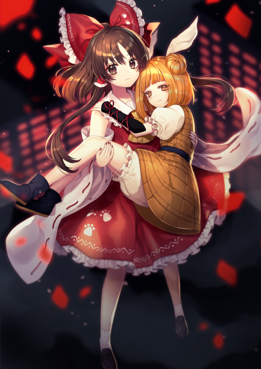 2girls black_footwear blonde_hair bloomers boots bow brown_eyes brown_hair building carrying commentary_request detached_sleeves double_bun dress frills full_body hair_bow hair_ribbon hair_tubes hakurei_reimu highres joutouguu_mayumi kyouda_suzuka long_hair long_sleeves looking_at_viewer multiple_girls paw_print_pattern princess_carry puffy_short_sleeves puffy_sleeves red_bow red_nails red_shirt red_skirt ribbon shirt shoes short_hair short_sleeves skirt skyscraper socks touhou underwear vambraces white_legwear white_ribbon white_shirt wide_sleeves wind yellow_dress yellow_eyes