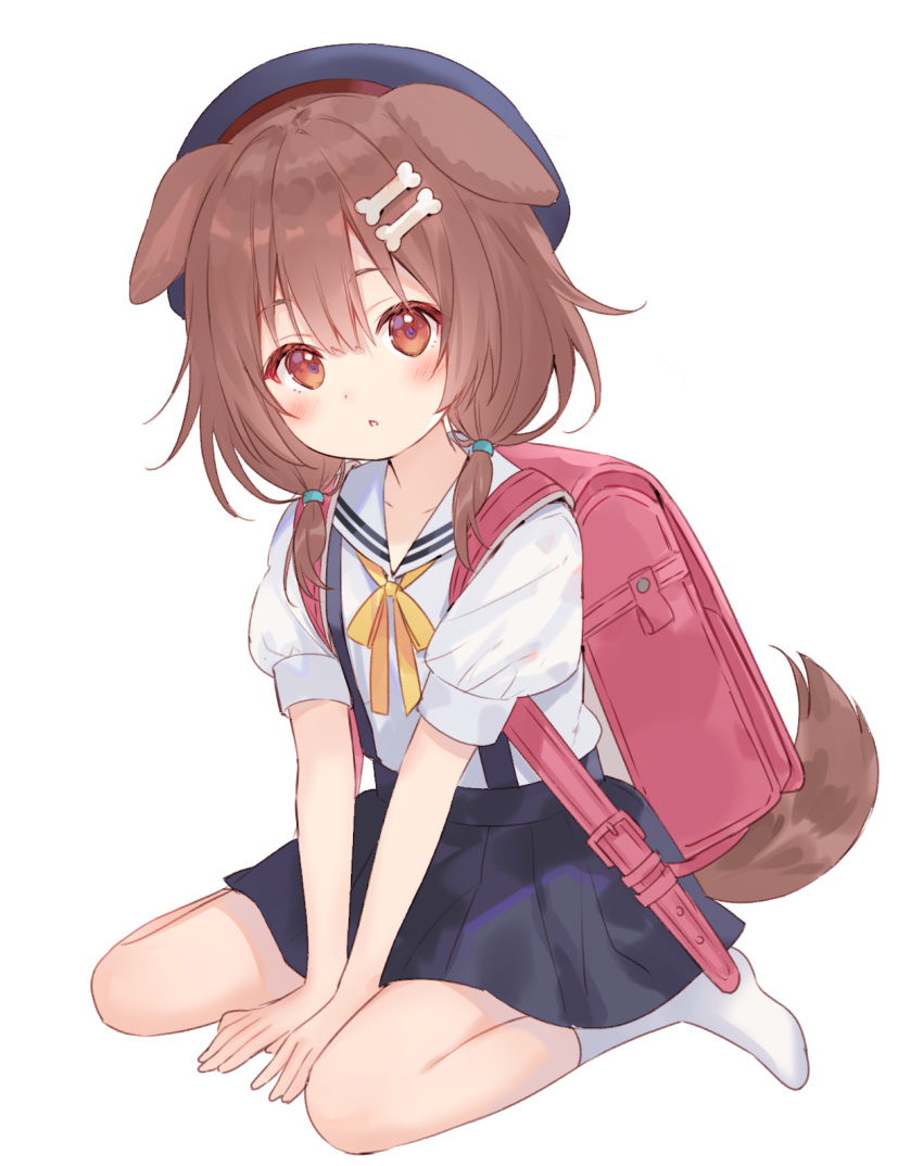 1girl :o animal_ears backpack bag bangs beret between_legs blue_skirt blush bone_hair_ornament brown_eyes brown_hair commentary_request dog_ears dog_tail fukahire_(ruinon) full_body hand_between_legs hat head_tilt highres hololive inugami_korone kindergarten_uniform looking_at_viewer medium_hair neck_ribbon pleated_skirt puffy_short_sleeves puffy_sleeves randoseru ribbon shirt short_sleeves short_twintails simple_background sitting skirt socks solo suspender_skirt suspenders tail tied_hair twintails virtual_youtuber wariza white_background white_legwear white_shirt yellow_ribbon younger