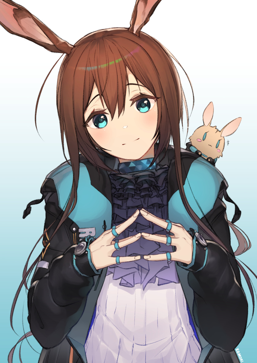 1girl absurdres amiya_(arknights) animal_ears aqua_background aqua_eyes arknights black_jacket brown_hair closed_mouth collar commentary crazycola eyelashes fingers_together frilled_collar frilled_shirt_collar frills gradient gradient_background hair_between_eyes head_tilt highres jacket jewelry long_hair long_sleeves looking_at_viewer multiple_rings neck_ring rabbit rabbit_ears ribbed_shirt ring shirt simple_background smile solo straight_hair upper_body white_background white_shirt