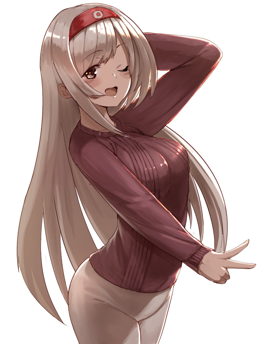 1girl ;d alternate_costume blush breasts brown_eyes casual cowboy_shot eyebrows_visible_through_hair hairband highres honmakaina_kudou kantai_collection large_breasts long_hair looking_at_viewer one_eye_closed open_mouth pants purple_sweater ribbed_sweater shoukaku_(kantai_collection) simple_background smile solo sweater v white_background white_hair white_pants