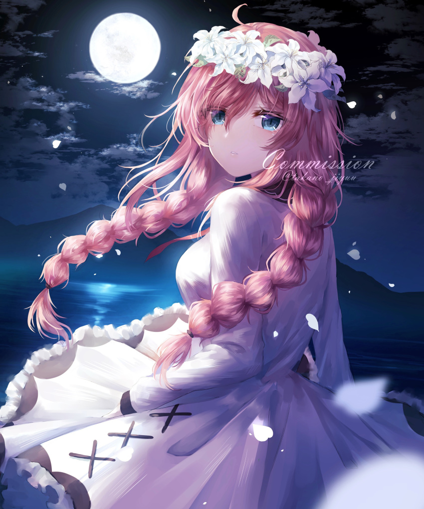 1girl absurdres ahoge bangs blue_eyes braid commission dress eyebrows_visible_through_hair floating_hair frilled_dress frills from_behind full_moon hair_between_eyes highres long_hair long_sleeves looking_at_viewer looking_back low_twintails moon neck_ribbon night night_sky ocean original outdoors parted_lips pink_hair red_ribbon ribbon shiny shiny_hair sky solo standing takano_jiyuu twin_braids twintails very_long_hair watermark white_dress