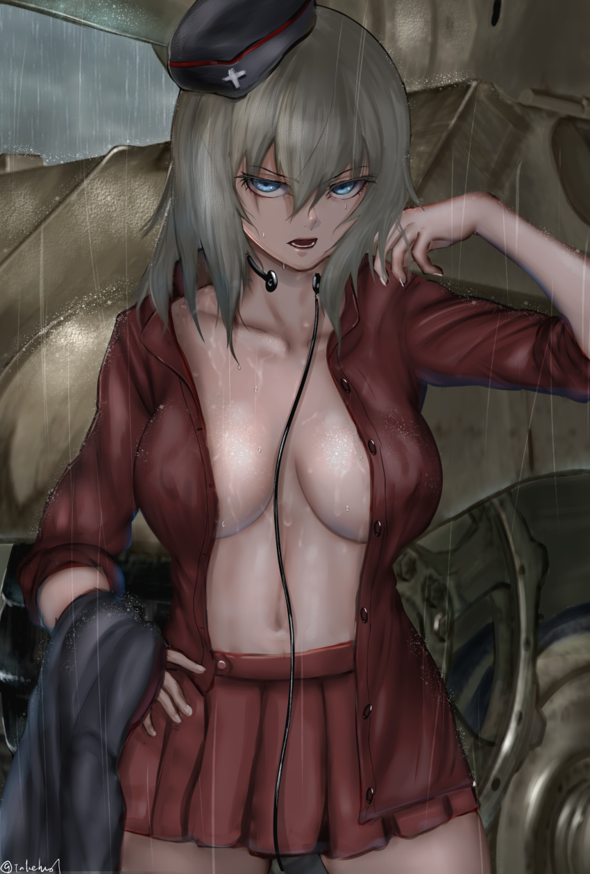 1girl absurdres bangs black_headwear black_jacket blue_eyes breasts clouds cloudy_sky commentary covered_nipples dress_shirt frown garrison_cap girls_und_panzer glaring grey_sky ground_vehicle hand_on_hip hat highres holding holding_jacket insignia itsumi_erika jacket jacket_removed kuromorimine_military_uniform large_breasts long_sleeves looking_at_viewer medium_hair military military_hat military_uniform military_vehicle miniskirt motor_vehicle navel open_clothes open_mouth open_shirt outdoors pleated_skirt rain red_shirt red_skirt shirt silver_hair skirt sky sleeves_rolled_up solo standing takefu_jiin tank throat_microphone tiger_ii tilted_headwear uniform wet wet_clothes wet_hair wet_shirt