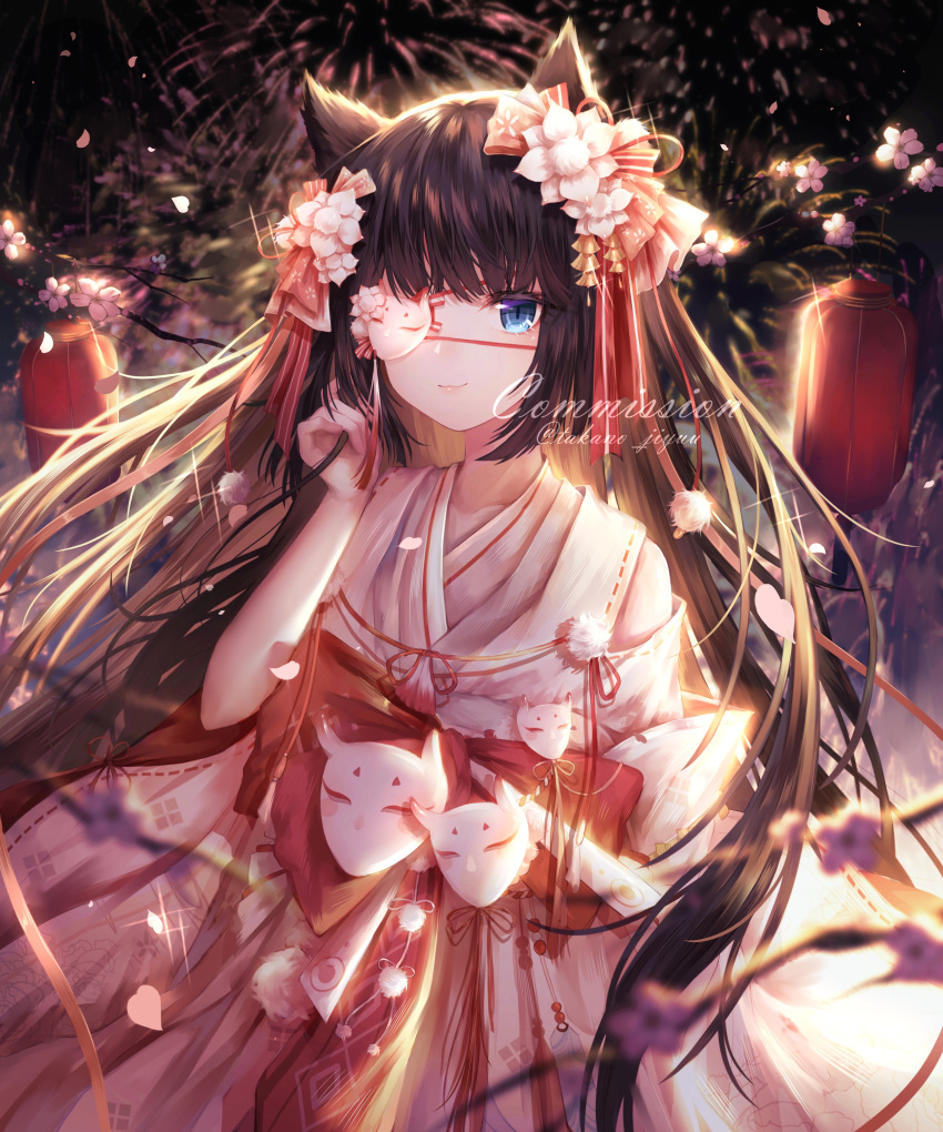 1girl absurdres animal_ears black_hair blue_eyes blurry blurry_background blurry_foreground bow closed_mouth collarbone commission eyepatch fireworks floating_hair fox_ears fox_mask hair_bow hair_ribbon highres japanese_clothes kimono long_hair mask night original outdoors red_bow red_ribbon ribbon shiny shiny_hair smile solo sparkle standing takano_jiyuu twitter_username very_long_hair watermark white_kimono