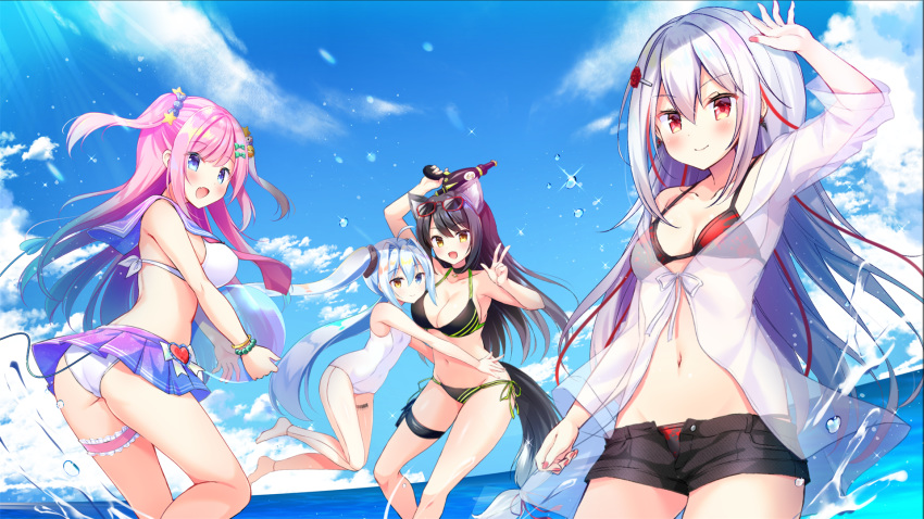 4girls ahoge arisa_(kirakira_monstars) arm_up ball bangs beachball bikini bikini_skirt bikini_under_clothes black_bikini black_hair black_shorts blue_eyes blue_hair blue_sky blush breasts brown_eyes cleaver closed_mouth clouds commentary_request covered_navel day eve_morning_star eyebrows_visible_through_hair fran_mk-69 gradient_hair groin hair_between_eyes heterochromia highres holding holding_ball horizon jacket kirakira_monstars large_breasts long_hair long_sleeves masayo_(gin_no_ame) medium_breasts multicolored_hair multiple_girls ocean one-piece_swimsuit open_clothes open_fly open_shorts outdoors pink_hair purple_sailor_collar red_eyes sailor_collar school_swimsuit short_shorts shorts side-tie_bikini silver_hair sky smile swimsuit transparent twintails two_side_up venedict_v_vermilion very_long_hair water white_bikini white_swimsuit
