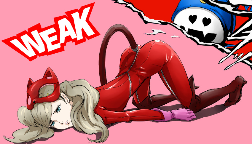 1girl absurdres ass blue_eyes bodysuit boots cat_mask cat_tail catsuit dazed defeat fake_tail full-length_zipper gloves hair_ornament heart heart-shaped_pupils high_heel_boots high_heels highres jack_frost latex ozkh parted_lips persona persona_5 pink_background pink_gloves platinum_blonde_hair red_bodysuit red_footwear simple_background symbol-shaped_pupils tail takamaki_anne thigh-highs thigh_boots top-down_bottom-up twintails zipper