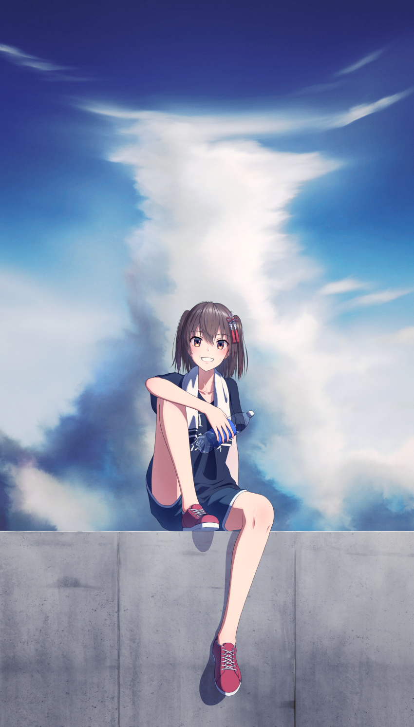 1girl absurdres alternate_costume bangs black_shirt blush bottle brown_hair clouds day eyebrows_visible_through_hair grin hair_ornament highres holding huge_filesize kantai_collection outdoors rankebu red_footwear sendai_(kantai_collection) shirt shoes short_sleeves shorts sitting sky smile sneakers solo towel towel_around_neck two_side_up water_bottle work_in_progress