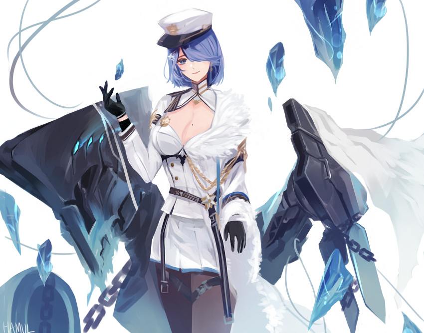 1girl absurdres azur_lane belt black_belt black_gloves blue_eyes blue_hair blush breasts chain chapayev_(azur_lane) coat_dress eyebrows_visible_through_hair gloves hair_ornament hair_over_one_eye hairclip hamul hat highres ice jacket large_breasts looking_at_viewer military_hat mole mole_on_breast monster pantyhose peaked_cap short_hair smile solo white_headwear white_jacket