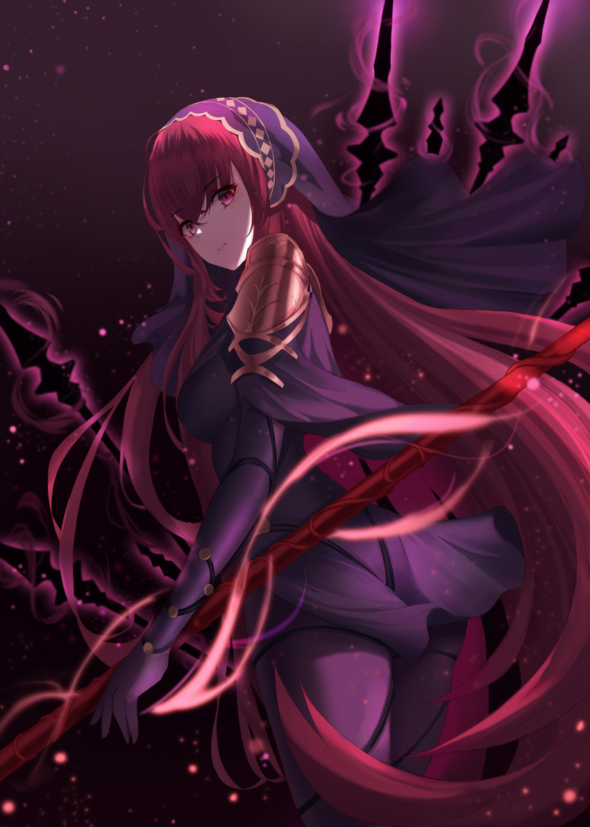 1girl absurdres ahr_tato bangs bodysuit breasts closed_mouth cowboy_shot eyebrows_visible_through_hair fate/grand_order fate_(series) floating_hair from_behind gae_bolg hair_between_eyes highres huge_filesize long_hair looking_at_viewer looking_back medium_breasts purple_bodysuit red_eyes redhead scathach_(fate)_(all) scathach_(fate/grand_order) solo standing very_long_hair