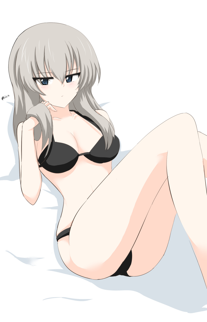 1girl absurdres aikir_(jml5160) bangs bed_sheet black_bra black_panties blue_eyes bra breasts closed_mouth commentary eyebrows_visible_through_hair girls_und_panzer half-closed_eyes hand_in_hair highres itsumi_erika light_blush light_frown looking_at_viewer lying medium_breasts medium_hair on_back on_bed panties shadow silver_hair skindentation solo twitter_username underwear underwear_only white_background