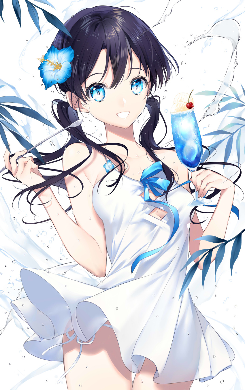 1girl :d absurdres bangs bare_arms bare_shoulders black_hair blue_bow blue_eyes blue_flower bow breasts cherry commentary_request cup dress eyebrows_visible_through_hair flower food fruit hair_between_eyes hair_flower hair_ornament highres holding holding_cup holding_spoon ice_cream ice_cream_float long_hair looking_at_viewer medium_breasts open_mouth original panties pleated_dress side-tie_panties sleeveless sleeveless_dress smile sogawa solo spoon twintails underwear water water_drop wet white_background white_dress white_panties