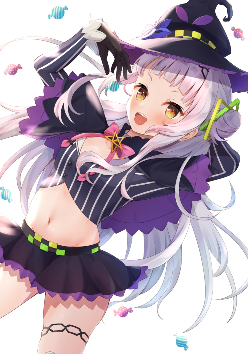 1girl bangs black_capelet black_gloves black_headwear black_skirt blunt_bangs blush breasts capelet commentary_request crop_top gloves hair_bun hair_ornament hat highres hololive long_hair long_sleeves looking_at_viewer midriff murasaki_shion navel one_side_up open_mouth saki_(saki_paint) silver_hair skirt smile solo striped striped_legwear tilted_headwear vertical-striped_legwear vertical_stripes virtual_youtuber witch_hat yellow_eyes