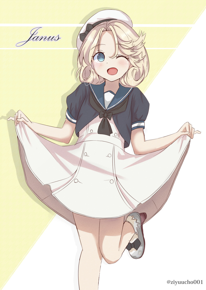 1girl absurdres bangs black_neckwear blonde_hair blue_eyes blue_sailor_collar cowboy_shot dress dress_lift hat highres janus_(kantai_collection) jiyuucho kantai_collection lifted_by_self looking_at_viewer one_eye_closed open_mouth parted_bangs sailor_collar sailor_dress sailor_hat short_hair short_sleeves smile solo standing standing_on_one_leg twitter_username two-tone_background white_dress white_headwear