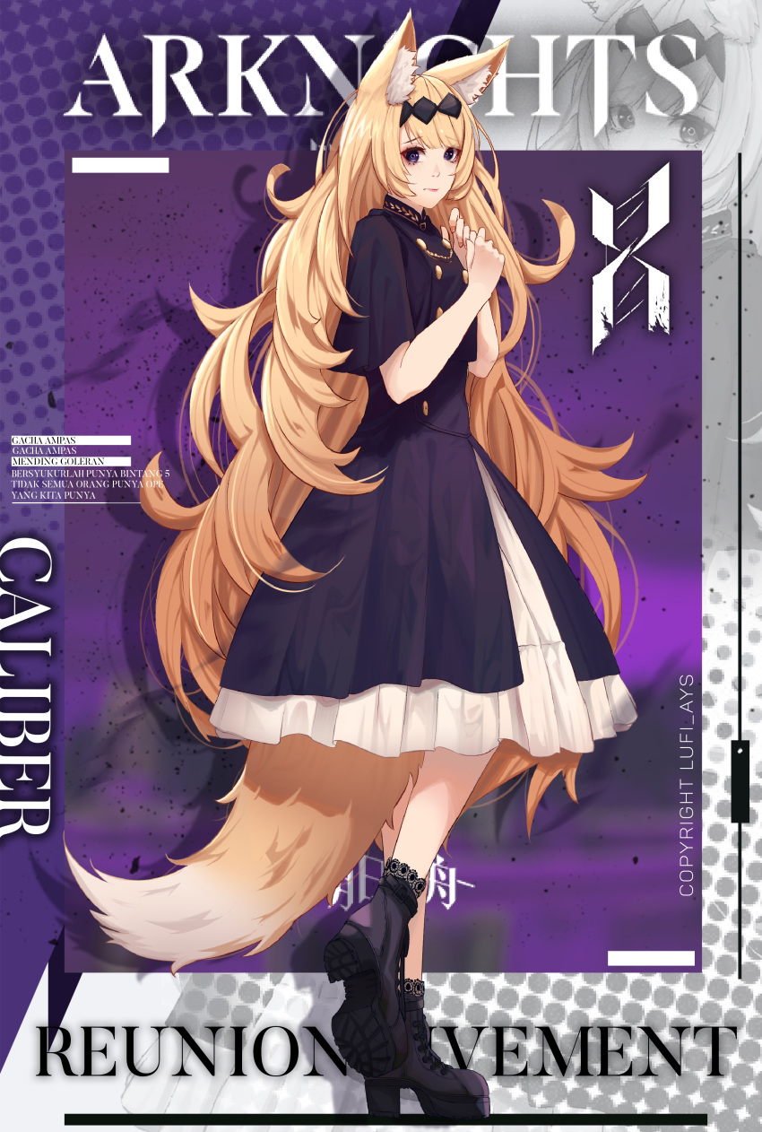 1girl absurdly_long_hair absurdres animal_ears arknights artist_name black_footwear blonde_hair boots brown_nails commission eyebrows_visible_through_hair fox_ears fox_tail full_body gumihiko high_heel_boots high_heels highres long_hair looking_at_viewer nervous original purple_background short_sleeves solo tail very_long_hair violet_eyes
