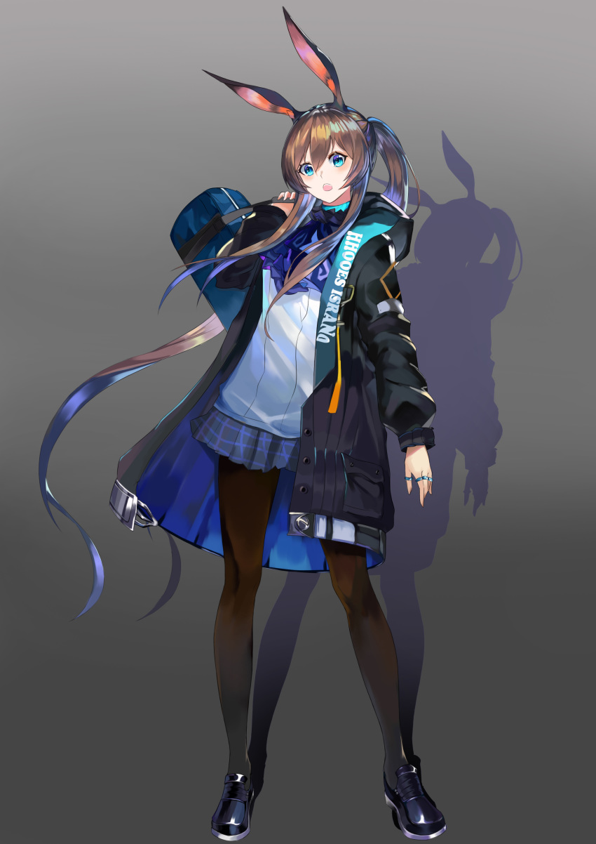 1girl :o absurdres amiya_(arknights) animal_ears arknights bag bangs black_footwear black_jacket black_legwear blue_eyes blue_neckwear blue_skirt blush brown_hair chinese_commentary commentary_request full_body gradient gradient_background grey_background hair_between_eyes hand_up highres holding holding_bag jacket jewelry long_hair long_ponytail long_sleeves looking_at_viewer miniskirt open_clothes open_jacket open_mouth pantyhose pleated_skirt rabbit_ears ring shirt shoes silhouette skirt solo standing very_long_hair white_shirt wuhuarourouroushi_fw