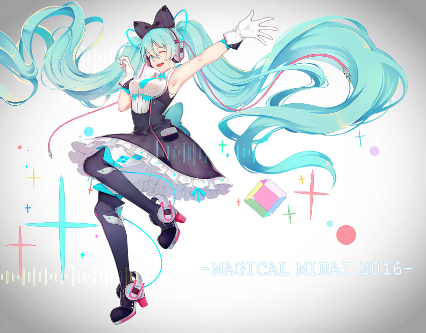 1girl 2016 aqua_eyes aqua_hair aqua_neckwear armpits ayan bare_shoulders black_bow black_dress black_legwear bow breasts cable commentary copyright_name cube dress framed_breasts frilled_sleeves frills full_body gloves graphic_equalizer hair_bow hand_up hatsune_miku headphones high_heels highres leg_up long_hair looking_at_viewer magical_mirai_(vocaloid) medium_breasts necktie one_eye_closed open_mouth outstretched_arm short_necktie smile solo symbol_commentary thigh-highs twintails very_long_hair vignetting vocaloid white_gloves