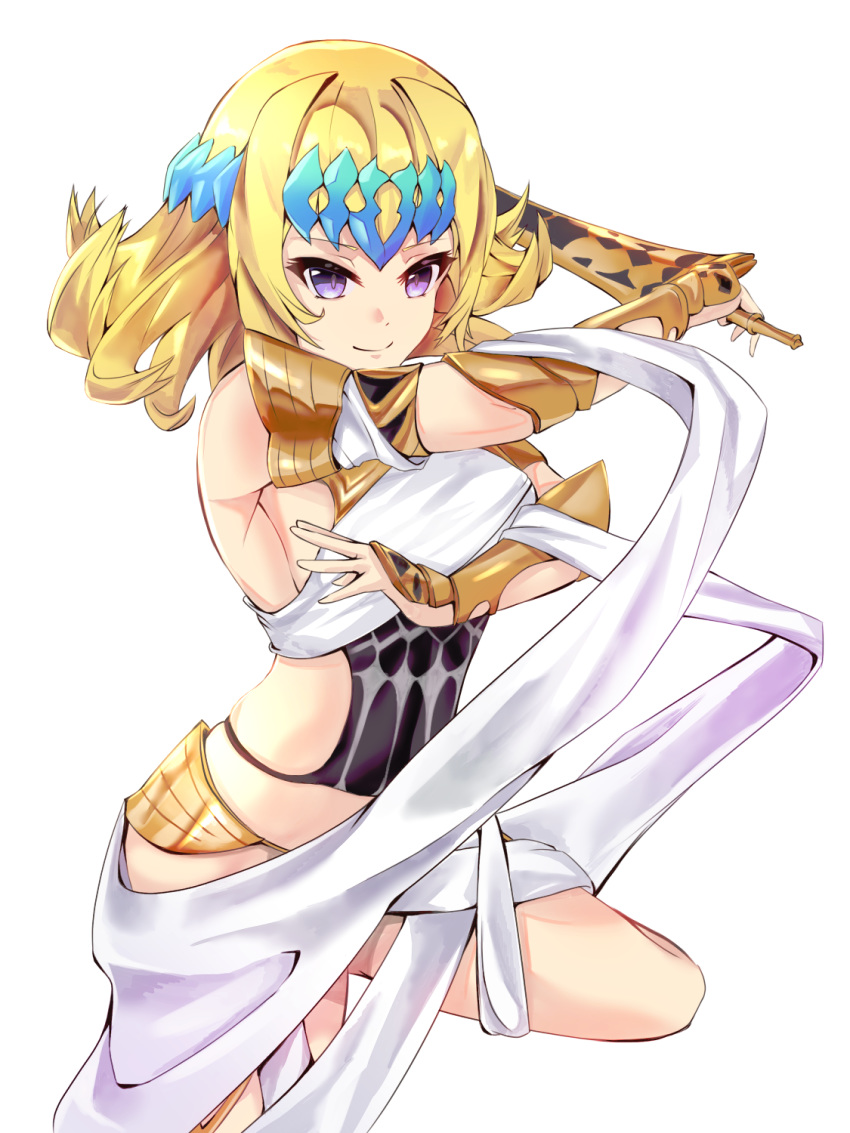 1girl bangs bare_shoulders black_shirt blonde_hair bracer breasts closed_mouth commentary covered_navel diadem fate/grand_order fate_(series) highres knee_up looking_at_viewer medium_hair pauldrons pollux_(fate/grand_order) shirt simple_background small_breasts smile solo sword thighs violet_eyes weapon white_background white_robe yahan_(mctr5253)