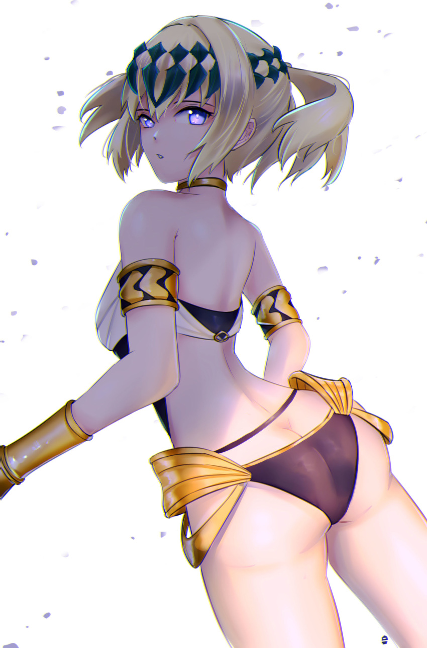 1girl absurdres armlet ass back bangs bare_shoulders black_bra black_panties blonde_hair blue_eyes bra bracer breasts diadem fate/grand_order fate_(series) hair_between_eyes highres jewelry jrpulse looking_at_viewer looking_back medium_hair neck_ring open_mouth panties pollux_(fate/grand_order) shade simple_background small_breasts solo thighs underwear white_background