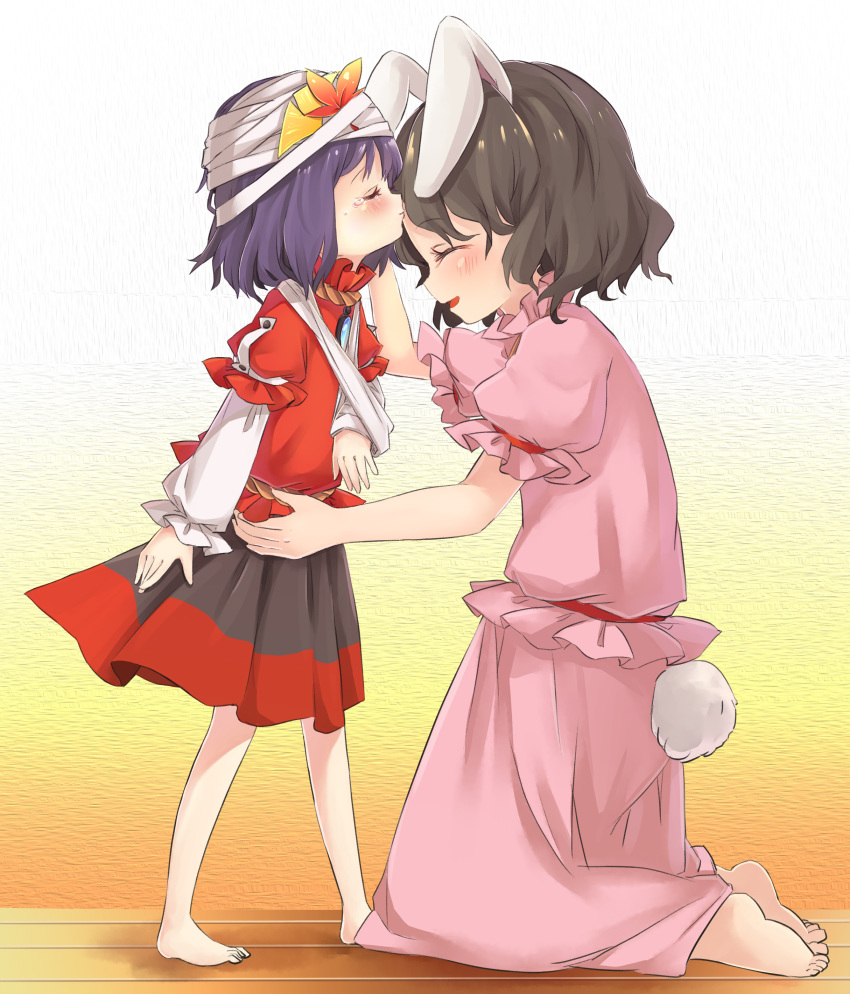 2girls absurdres animal_ears arm_at_side arm_sling arm_up bandaged_arm bandaged_head bandages barefoot black_hair blue_hair blush bunny_tail closed_eyes commentary_request forehead_kiss ginkgo_leaf gradient gradient_background hair_ornament hand_on_another's_waist head_tilt highres inaba_tewi kiss kneeling layered_sleeves leaf leaf_hair_ornament long_sleeves maple_leaf mirror multiple_girls parted_lips partial_commentary pink_shirt pink_skirt puffy_short_sleeves puffy_sleeves rabbit_ears red_shirt shirt short_hair short_sleeves skirt smile standing tail tatuhiro tears touhou two-tone_skirt wooden_floor yasaka_kanako younger