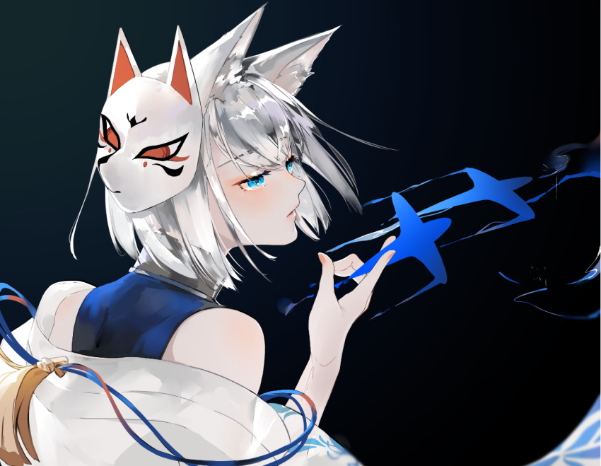 1girl animal_ear_fluff animal_ears azur_lane bangs blue_eyes eyebrows_visible_through_hair fox_ears fox_mask japanese_clothes kaga_(azur_lane) kimono mask mask_on_head nello_(luminous_darkness) off-shoulder_kimono short_hair solo upper_body white_hair white_kimono