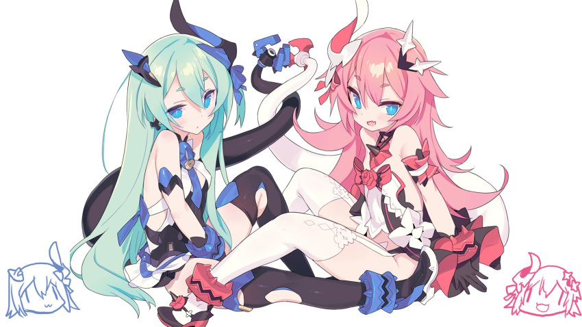 2girls :d asymmetrical_horns bangs bare_shoulders black_dress black_gloves black_legwear blade_(galaxist) blue_eyes blush bow breasts chibi chibi_inset closed_mouth dress eyebrows_visible_through_hair fang flower garter_straps gloves green_hair hair_between_eyes hair_ornament highres honkai_(series) honkai_impact_3rd intertwined_tails liliya_olenyeva long_hair looking_at_viewer mechanical_horns mechanical_tail mismatched_gloves multiple_girls open_clothes open_dress open_mouth pink_hair red_bow red_flower red_rose rose rozaliya_olenyeva short_eyebrows siblings simple_background small_breasts smile sparkle symbol-shaped_pupils tail thick_eyebrows thigh-highs twins very_long_hair white_background white_legwear