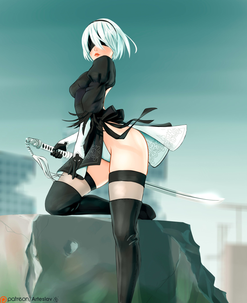 1girl absurdres arteslav black_blindfold black_dress black_hairband blindfold blue_sky boots covered_eyes dress feather-trimmed_sleeves hairband highleg highleg_leotard highres holding holding_sword holding_weapon juliet_sleeves katana leather leather_boots leg_up leotard leotard_under_clothes lips long_sleeves looking_at_viewer nier_(series) nier_automata outdoors post-apocalypse puffy_sleeves reverse_grip sheer_legwear side_slit silver_hair sky solo sword thigh-highs thigh_boots thighhighs_under_boots vambraces virtuous_contract weapon white_leotard yorha_no._2_type_b