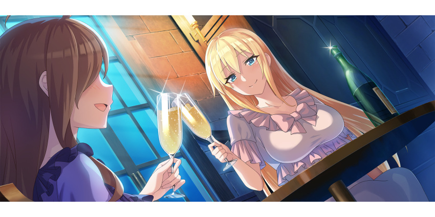 2girls alcohol blonde_hair blue_eyes blush breasts brown_hair cup darkness_(konosuba) drinking_glass hair_ornament hair_over_one_eye highres kono_subarashii_sekai_ni_shukufuku_wo! large_breasts long_hair multiple_girls night nightgown official_art open_mouth smile wine_glass wiz_(konosuba) x_hair_ornament