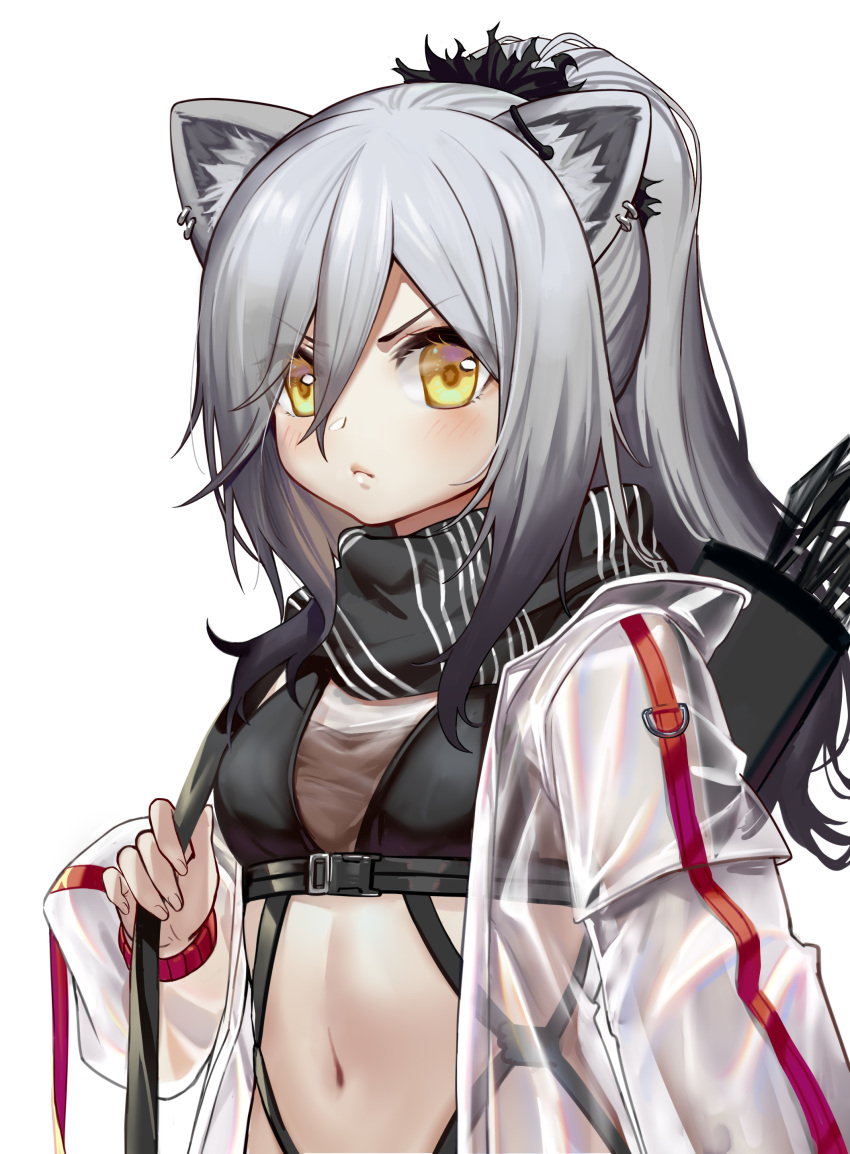1girl absurdres animal_ear_fluff animal_ears arknights bangs black_scarf blush breasts cat_ears commentary crop_top earrings eyebrows_visible_through_hair hair_between_eyes highres jacket jewelry long_hair long_sleeves looking_at_viewer medium_breasts midriff navel open_clothes open_jacket quiver scarf schwarz_(arknights) see-through shoutai_(7490773) silver_hair simple_background solo stomach upper_body v-shaped_eyebrows white_background white_jacket yellow_eyes