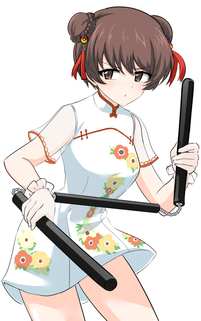 1girl absurdres aikir_(jml5160) alisa_(girls_und_panzer) alternate_hairstyle bangs braid braided_bun brown_eyes brown_hair china_dress chinese_clothes commentary cowboy_shot double_bun dress eyebrows_visible_through_hair floral_print freckles frown girls_und_panzer gloves hair_ornament high_collar highres holding holding_weapon leaning_forward looking_at_viewer parted_lips print_dress sansetsukon see-through_sleeves short_dress short_hair short_sleeves simple_background solo standing weapon white_background white_dress white_gloves