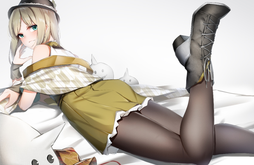 1girl back black_footwear black_legwear blonde_hair blue_eyes boots character_request dress hand_up hat layered_clothing leg_up long_hair looking_at_viewer lubikaya1 multicolored multicolored_clothes multicolored_dress on_bed pantyhose sitting sitting_on_bed skirt smile solo thigh-highs toy warship_girls_r white_background yellow_skirt