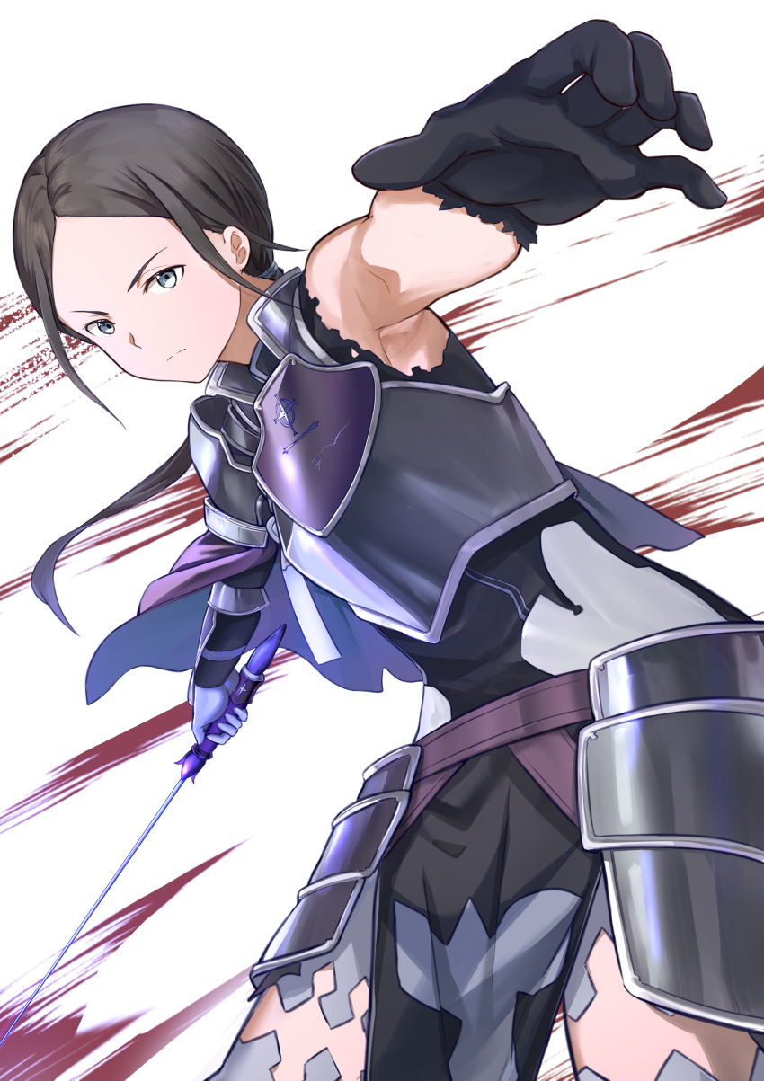 1girl absurdres armor armored_dress armpits asymmetrical_gloves bangs black_dress black_gloves black_hair breastplate closed_mouth cowboy_shot dress faulds floating_hair frown gloves grey_eyes grey_legwear highres holding holding_sword holding_weapon leaning_forward long_hair mosta_(lo1777789) parted_bangs ponytail purple_capelet sheyta_(sao) solo sword sword_art_online thigh-highs torn_clothes torn_dress weapon white_background