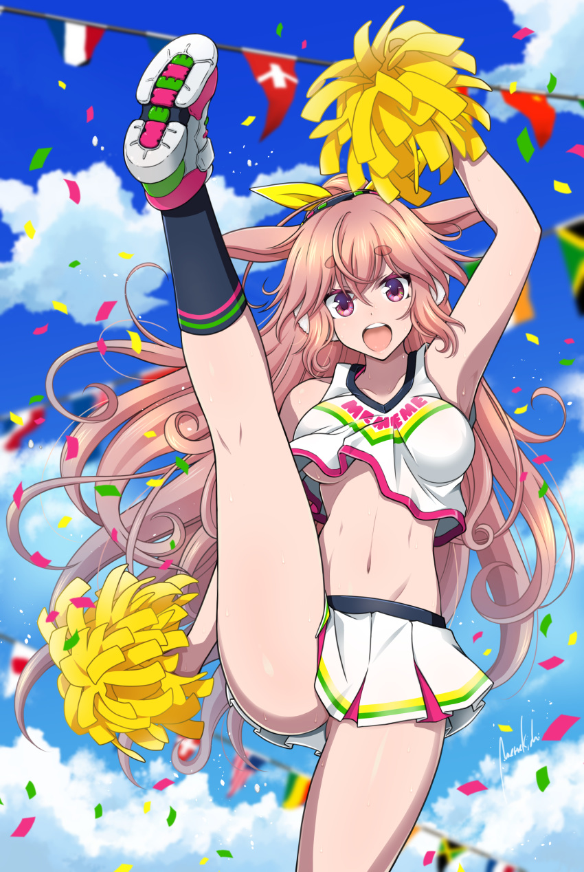 .live 1girl absurdres animal_ears arm_up armpits bare_shoulders black_legwear breasts cheering cheerleader clothes_writing commentary_request confetti crop_top earmuffs high_kick highres holding_pom_poms kicking kneehighs large_breasts long_hair looking_at_viewer midriff miniskirt mokota_mememe navel open_mouth pink_hair pleated_skirt pom_poms sheep_ears shirt short_eyebrows signature skirt sleeveless sleeveless_shirt solo sweat thick_eyebrows thigh-highs violet_eyes virtual_youtuber