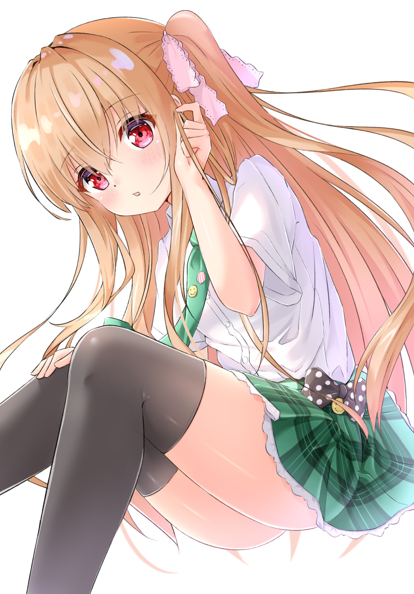 1girl asahina_momoko bangs black_legwear blonde_hair blush collared_shirt dress_shirt eyebrows_visible_through_hair floating_hair girlfriend_(kari) green_neckwear green_skirt hair_between_eyes hair_ribbon hand_on_own_knee highres long_hair looking_at_viewer miniskirt necktie open_mouth plaid plaid_skirt pleated_skirt red_eyes ribbon school_uniform shiny shiny_hair shironora shirt short_sleeves side_ponytail simple_background sitting skirt solo thigh-highs very_long_hair white_background white_ribbon white_shirt wing_collar zettai_ryouiki