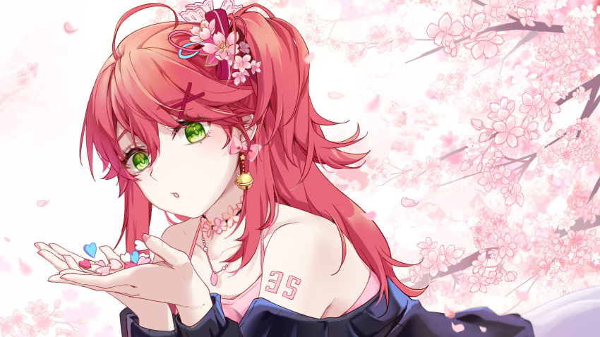 1girl :o ahoge ai_kotoba_iii_(vocaloid) alternate_costume bare_shoulders bell bell_earrings branch cherry_blossoms collarbone earrings flower green_eyes hair_flower hair_ornament hairclip highres hololive jewelry long_hair looking_at_viewer necklace number_tattoo o21uod3umj2avhn petals pink_hair sakura_miko solo tattoo virtual_youtuber x_hair_ornament